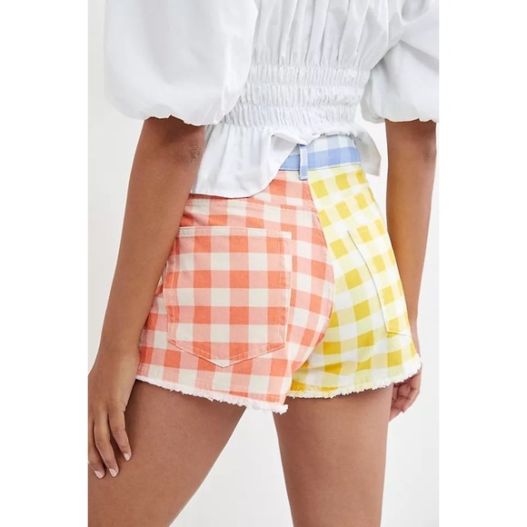 FARM Rio Pants - Farm Rio for Anthropologie Gingham Colorblock Denim Shorts Yellow Orange XS NEW